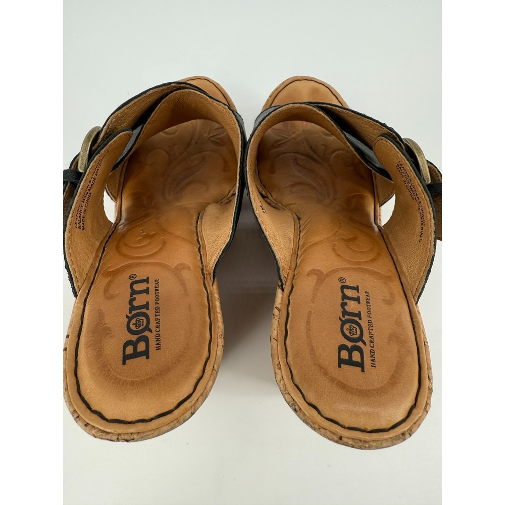 Børn Cork Wedge Leather Slip On Sandals Womens Size 7M Black Gold Buckle Accent - Picture 7 of 14